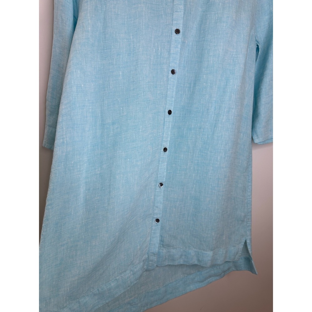 Poetry Linen Button Front Tunic Top V-Neck 3/4 Sleeve Blue Lagonlook Coastal - Picture 7 of 12